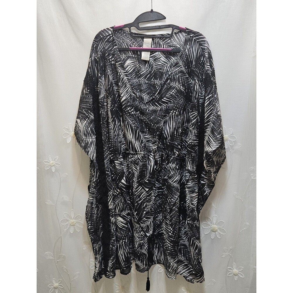 Time And Tru Womens 2X Black Kimono Coverup Sheer Tropical Resort Wear Summer